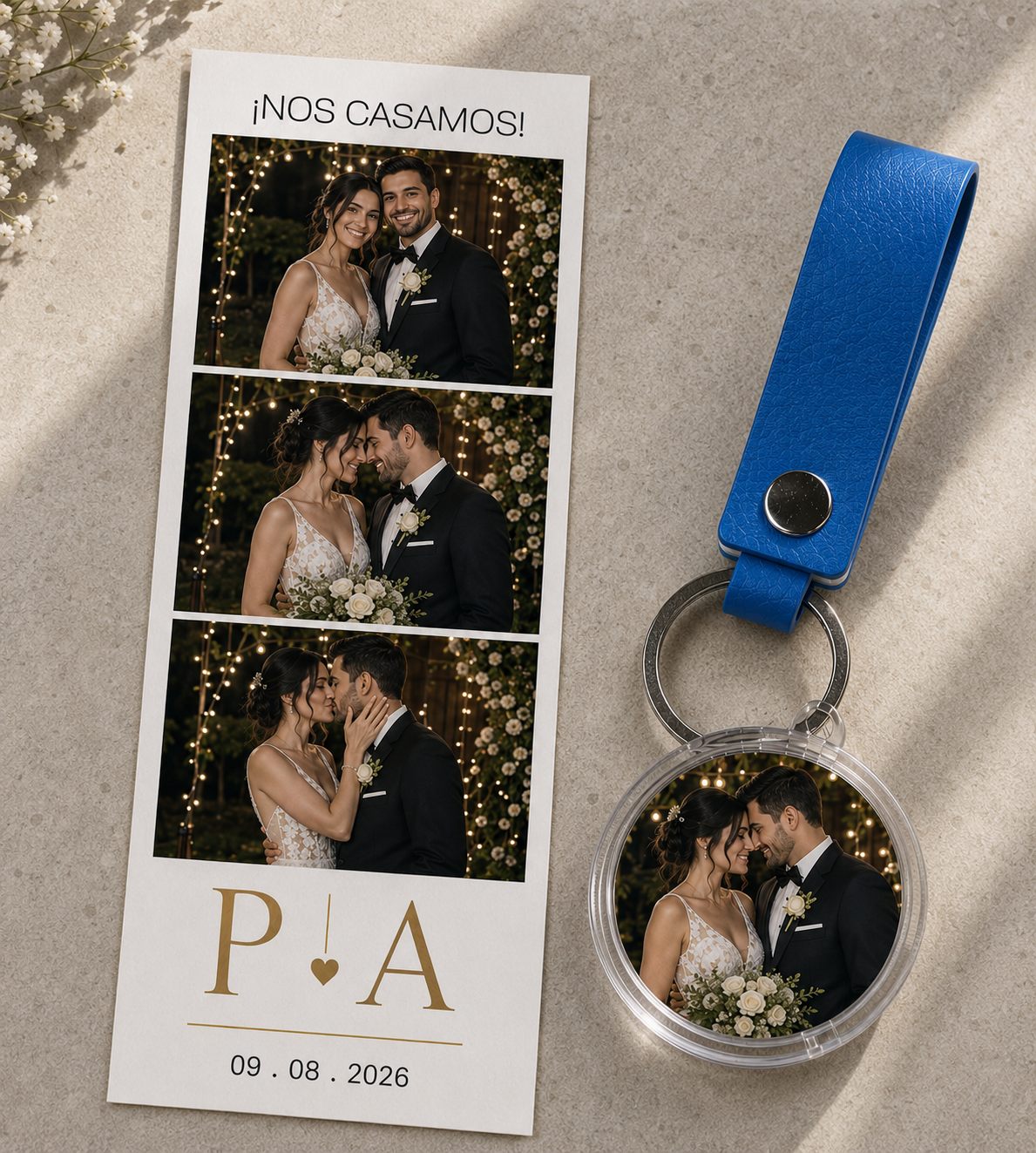 Tira de fotos de boda y el fotollavero personalizado terminado