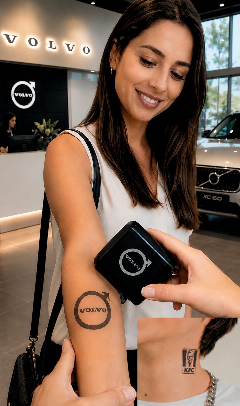 Invitada mostrando su tatuaje temporal personalizado con la marca del evento